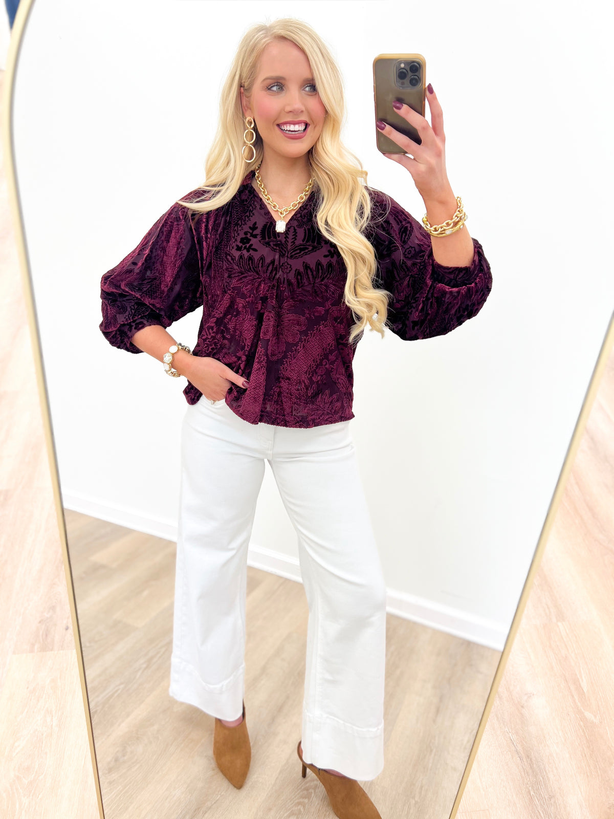 Merlot damask velvet split-neck top with puff sleeves