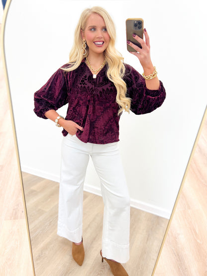 Merlot damask velvet split-neck top with puff sleeves
