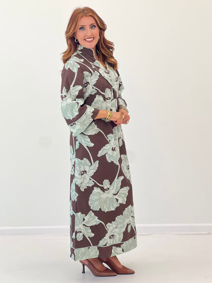 Chocolate-brown V-neck midi dress with mint floral print, long sleeves and button front detail