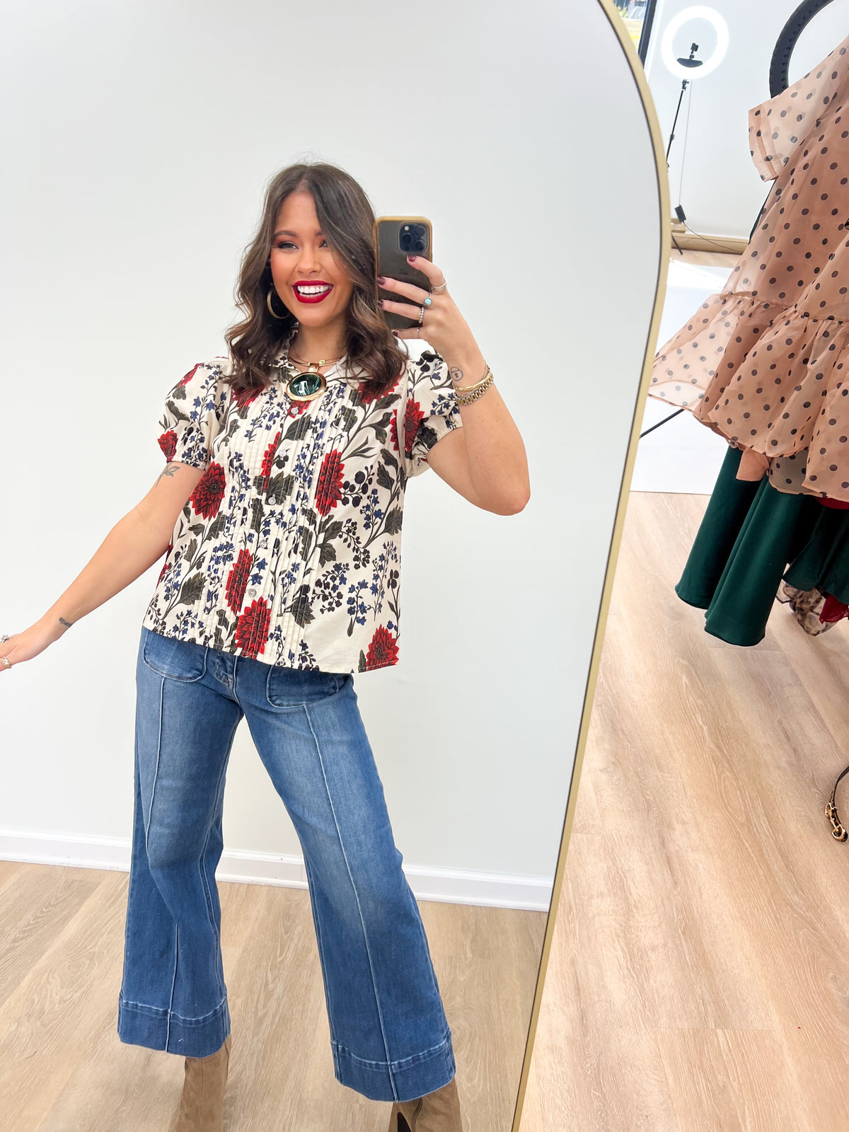 Entro Floral Puff Sleeve Pintuck Button Up Top