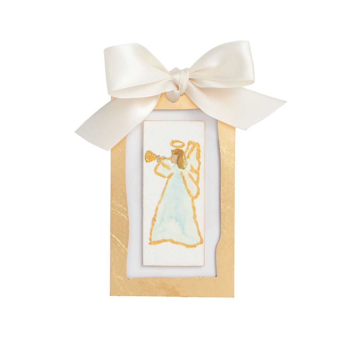 Sideways Angel Gold Ornament, White and Gold