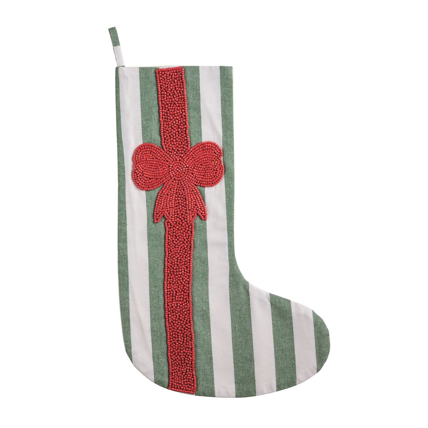 Green Stripe Beaded Christmas Stocking, Red Bow