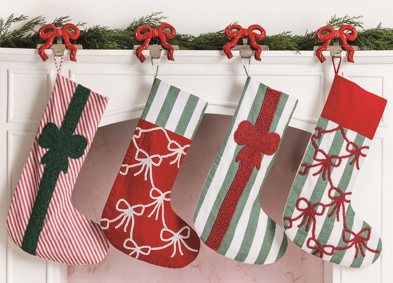 Red Stripe Beaded Christmas Stocking, Green Bow