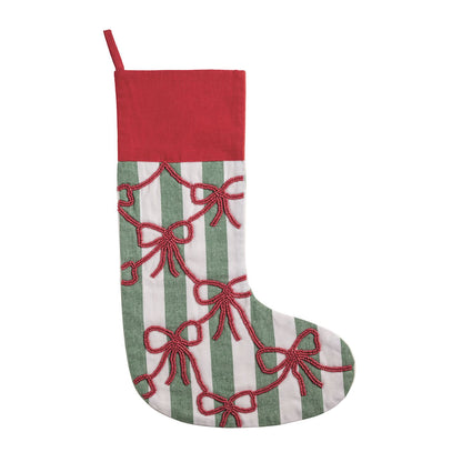 Multi Red Bow Beaded Christmas Stocking, Green Stripe