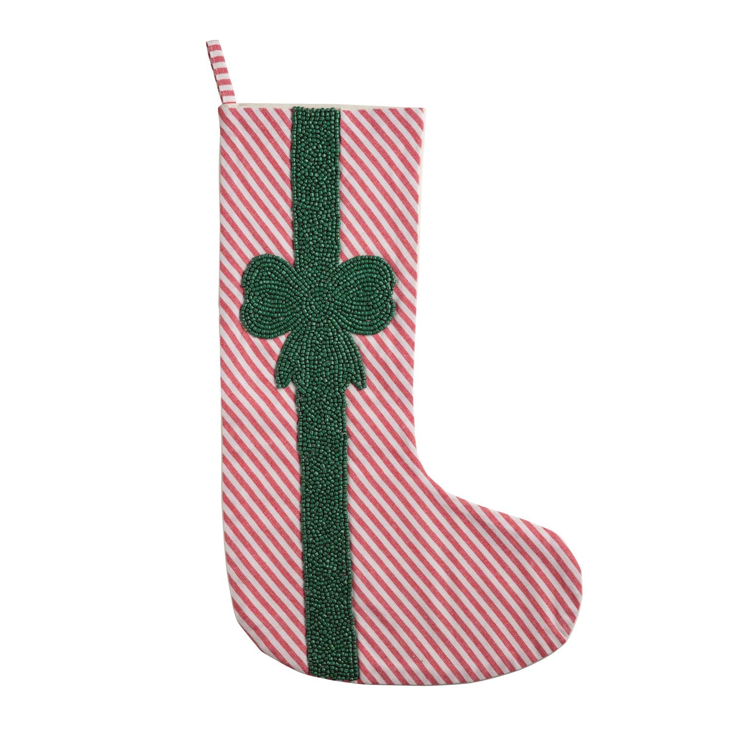 Red Stripe Beaded Christmas Stocking, Green Bow