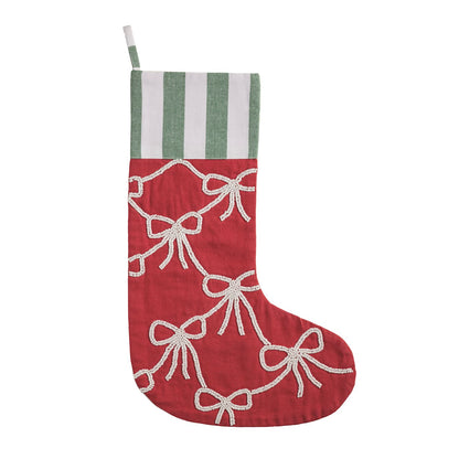 White Bows Beaded Christmas Stocking, Red and Green Stripe