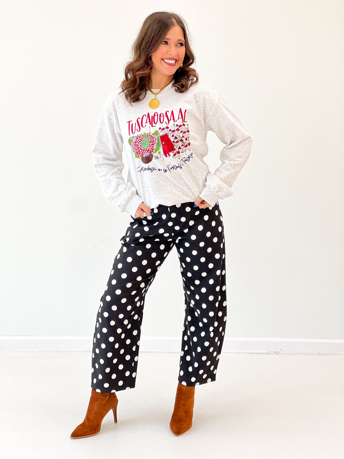 Heather gray oversized crewneck sweatshirt with colorful Alabama-themed front graphic