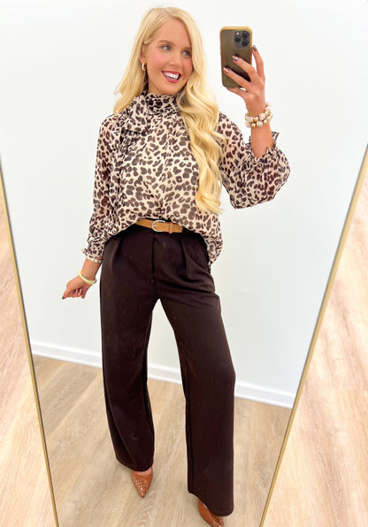 Taupe leopard print high-neck tie blouse with long sleeves