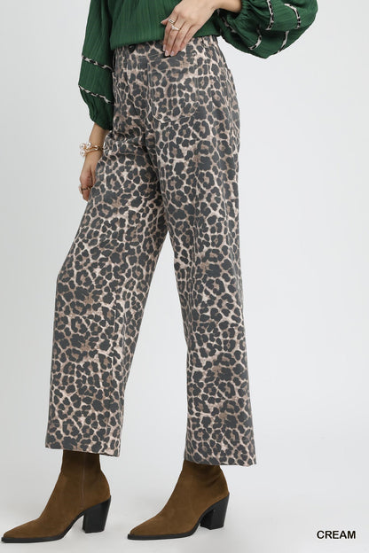 Umgee Animal Print Wide Leg Pants in Cream