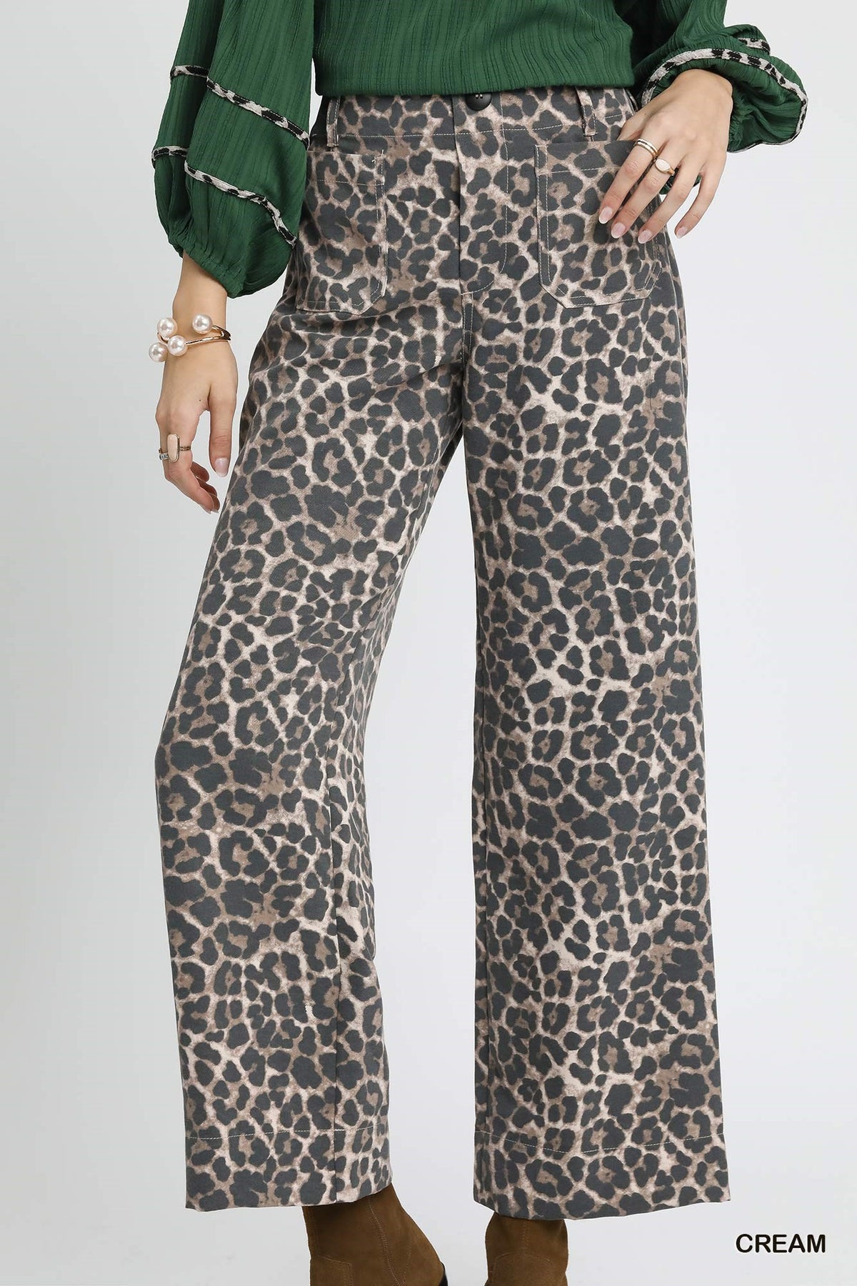 Umgee Animal Print Wide Leg Pants in Cream