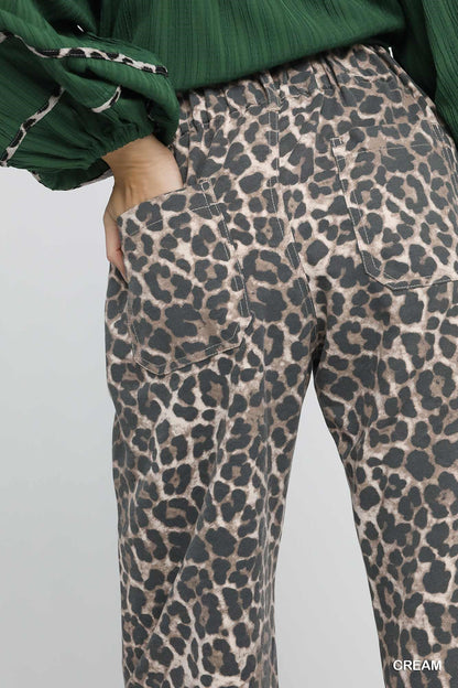 Umgee Animal Print Wide Leg Pants in Cream