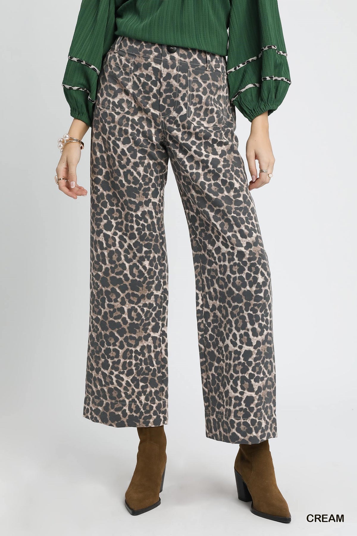 Umgee Animal Print Wide Leg Pants in Cream