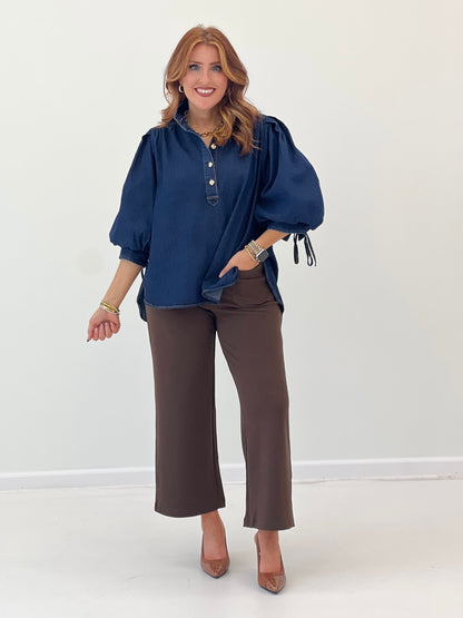 Dark denim puff-sleeve blouse with drawstring cuff ties