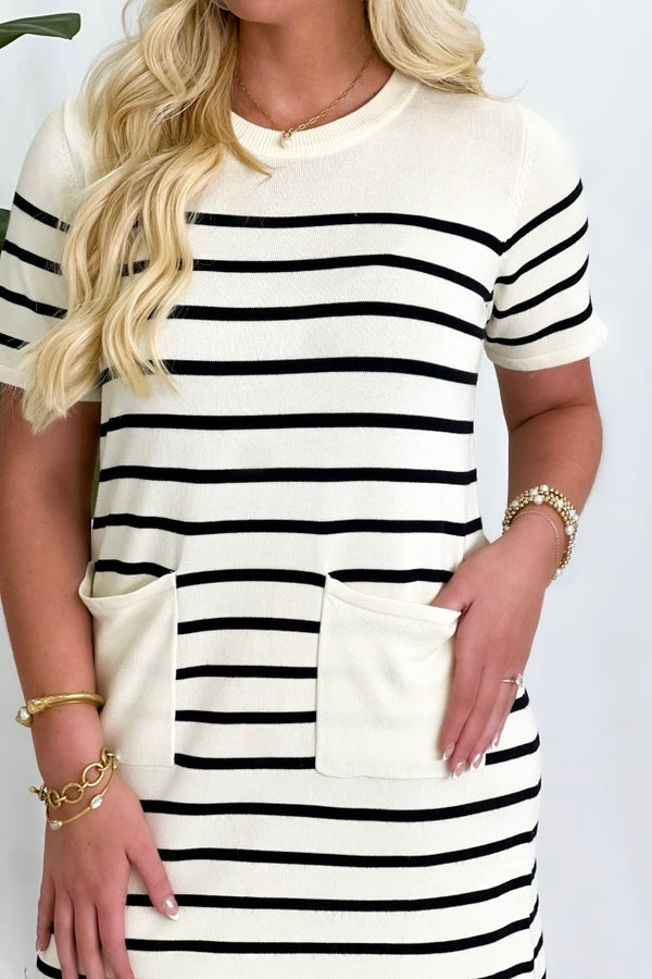 Cream Stripe Short Sleeve Pocket Dress