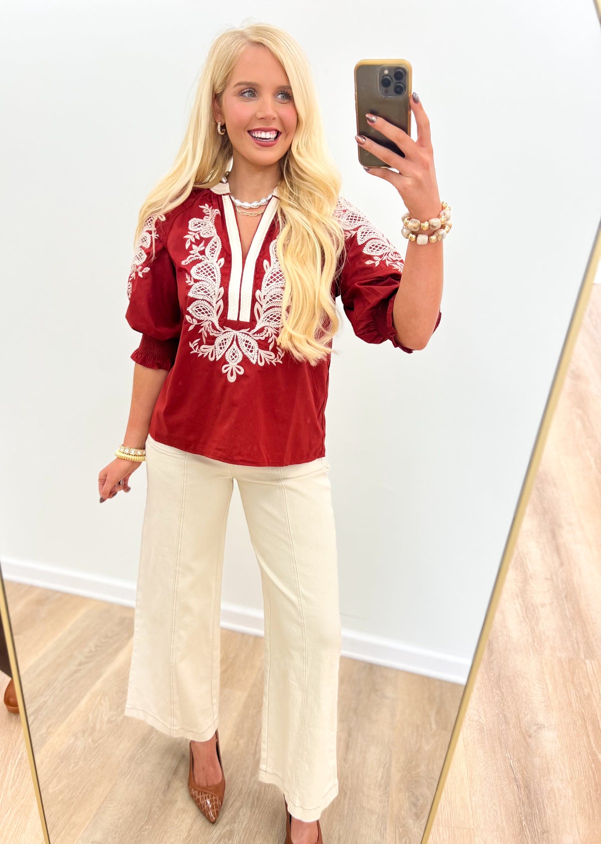 Entro dark red embroidered split V-neck blouse with puff sleeves and white trim