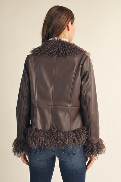 Jodifl Faux Fur Trim Vegan Leather Jacket in Brown, back
