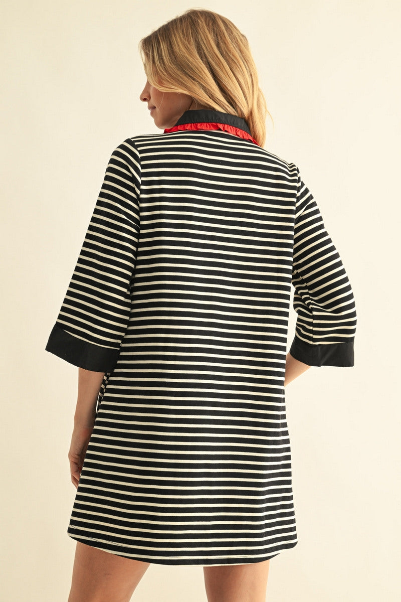 Jodifl Striped Ruffle Detail Collar Dress in Red and Black, back