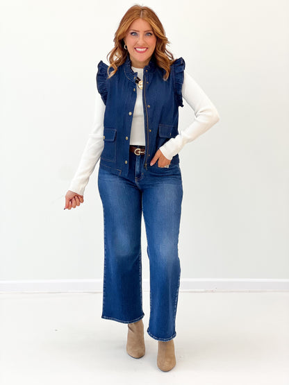 Denim flutter sleeve vest with button front and front pockets