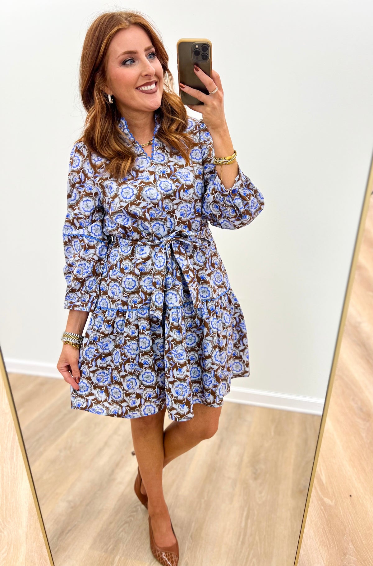 Jodifl Floral Scalloped V-Neck Front Waist Tie Dress