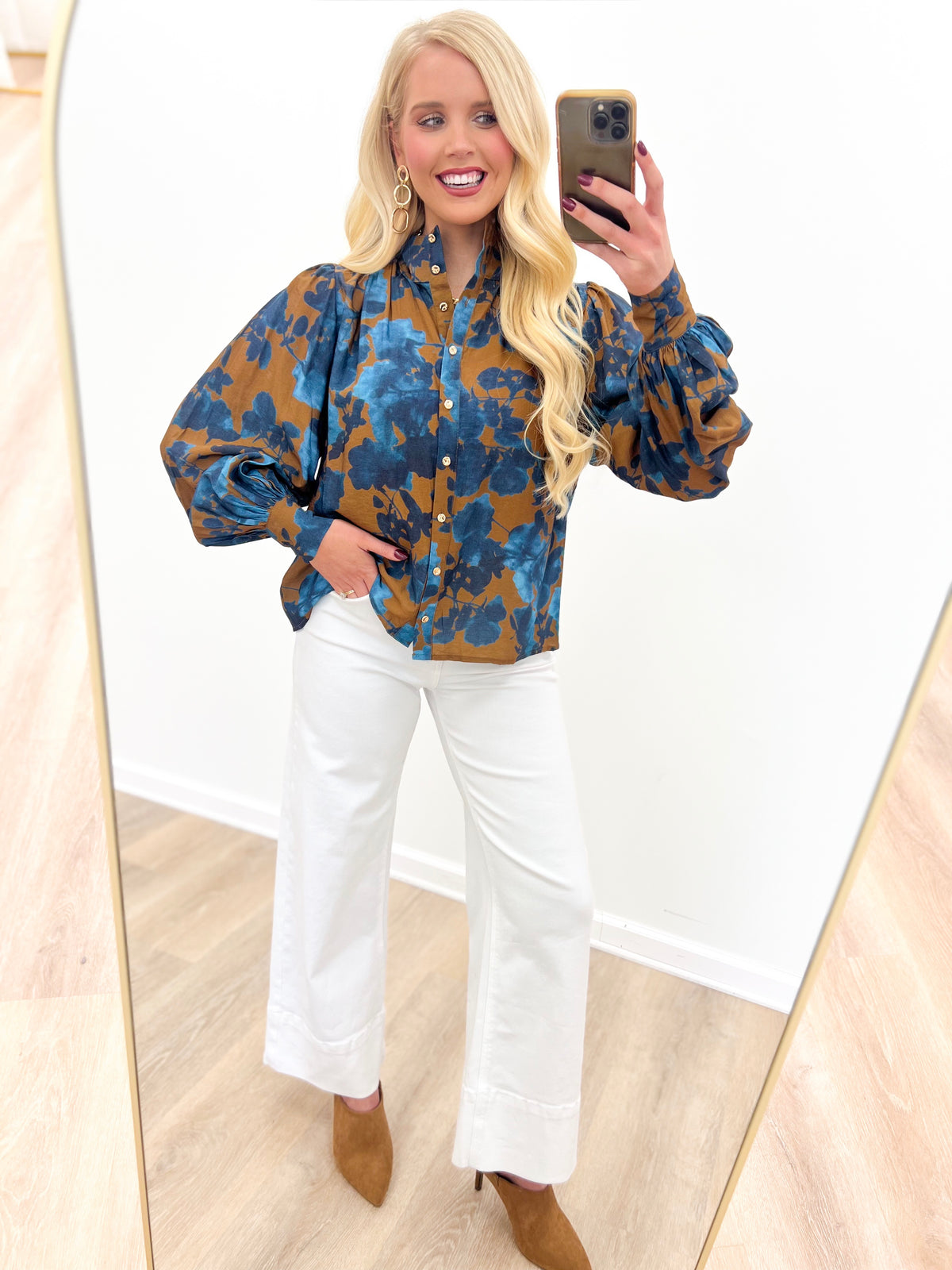 Entro Floral Print Puff Sleeve Button Front Top