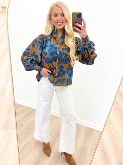Entro Floral Print Puff Sleeve Button Front Top