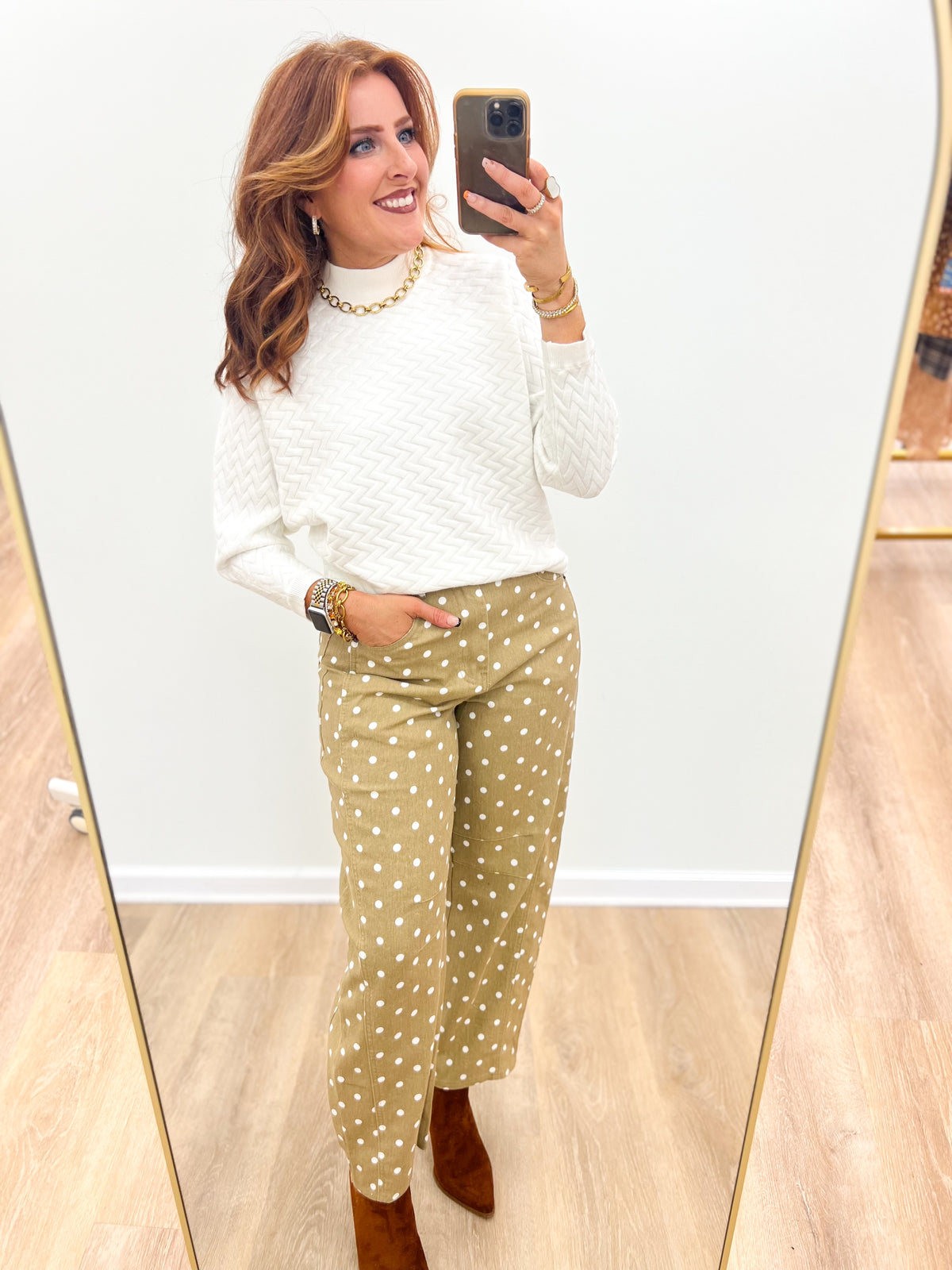Women's olive polka dot barrel pants cropped at ankle with side seams