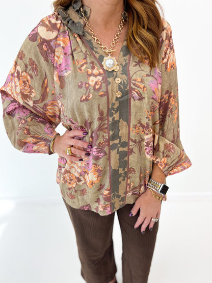 Umgee Floral Print Long Sleeve Top
