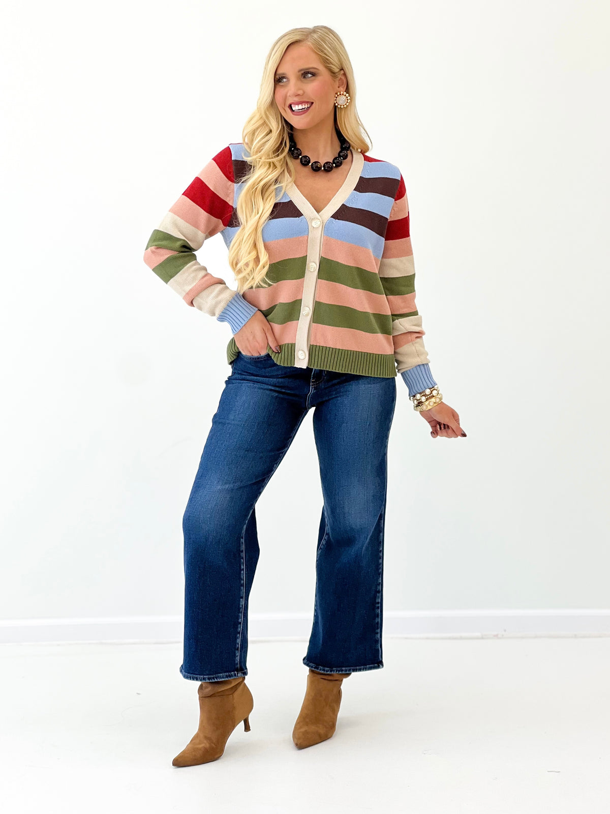 Striped V-neck button cardigan with long sleeves and ribbed hem; beige multi stripe knit