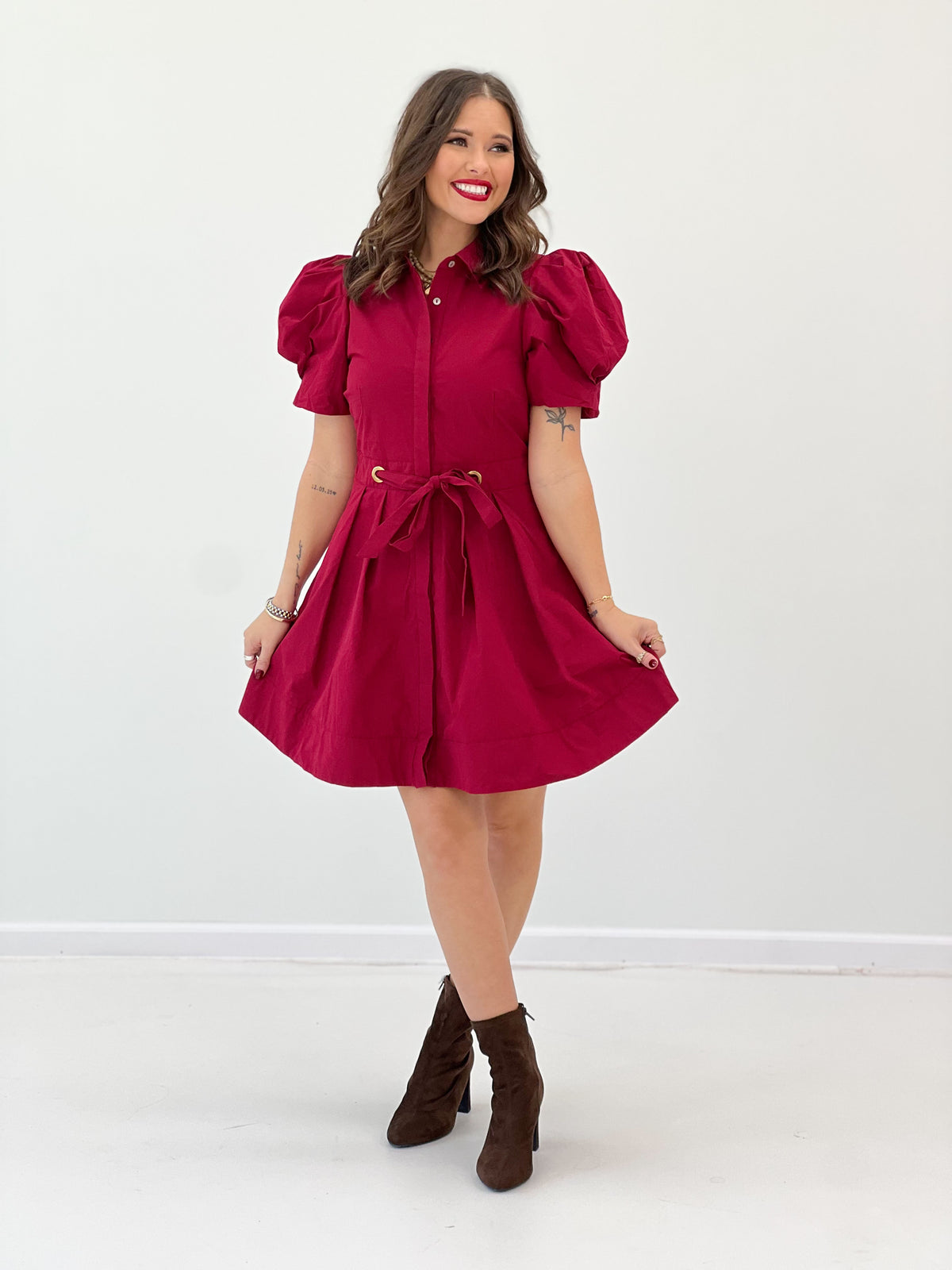 Scarlet puff sleeve tie-waist pleated mini dress with tied waist belt