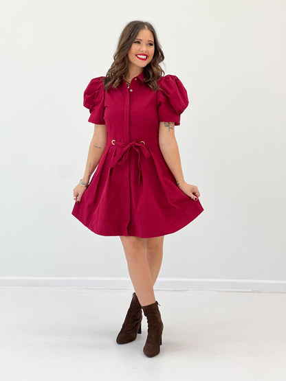 Scarlet puff sleeve tie-waist pleated mini dress with tied waist belt