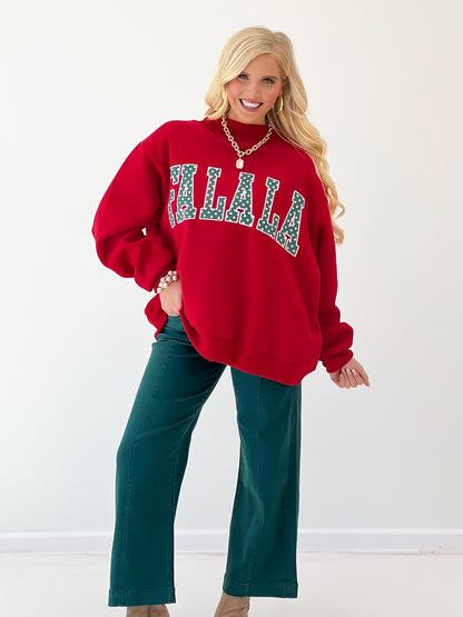 Red mock-neck sweatshirt with 'FALALA' polka-dot applique and relaxed fit
