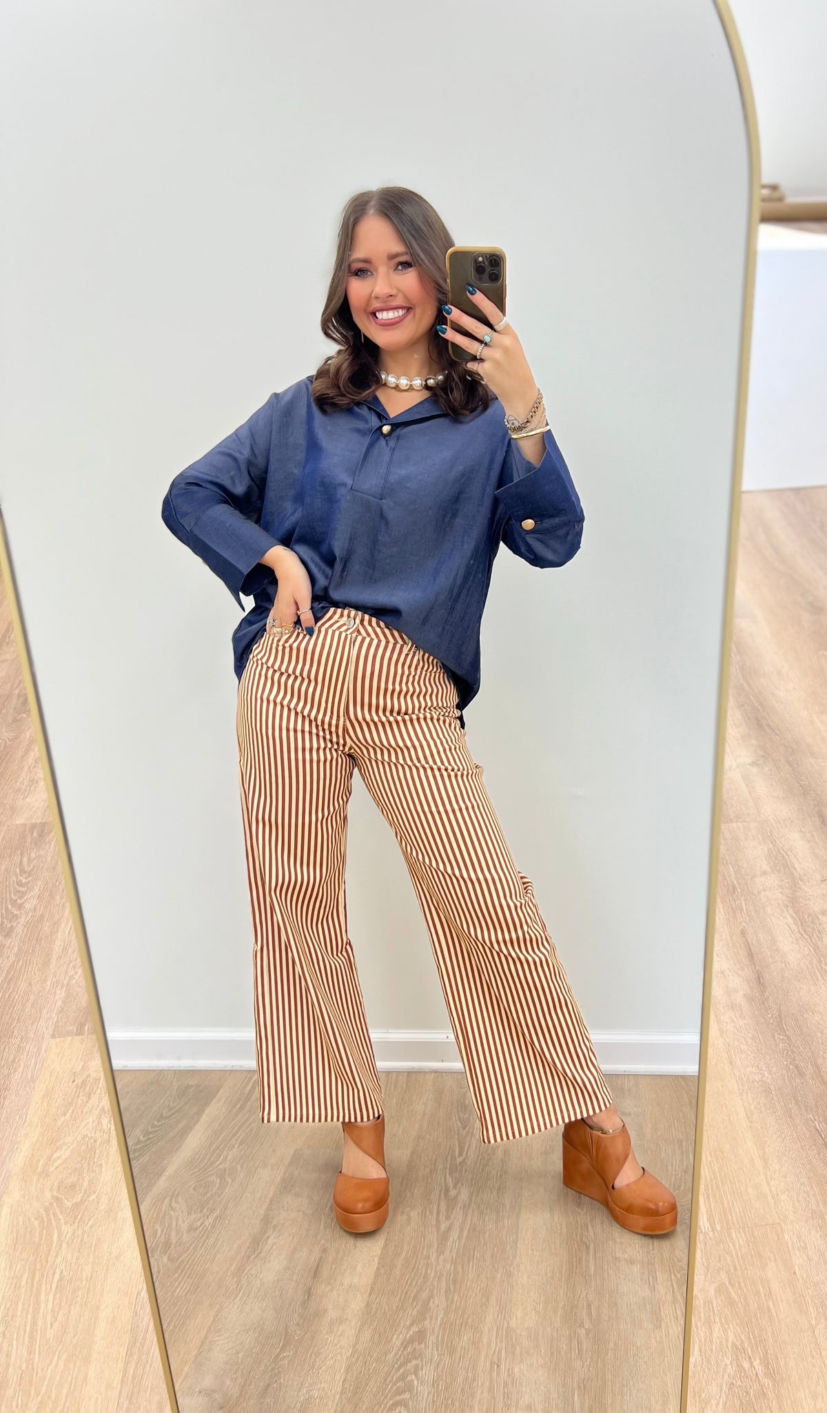 Indigo dolman sleeve top with center placket and short collar, buttoned neckline