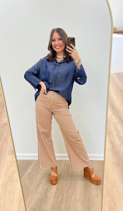 Indigo dolman sleeve top with center placket and short collar, buttoned neckline