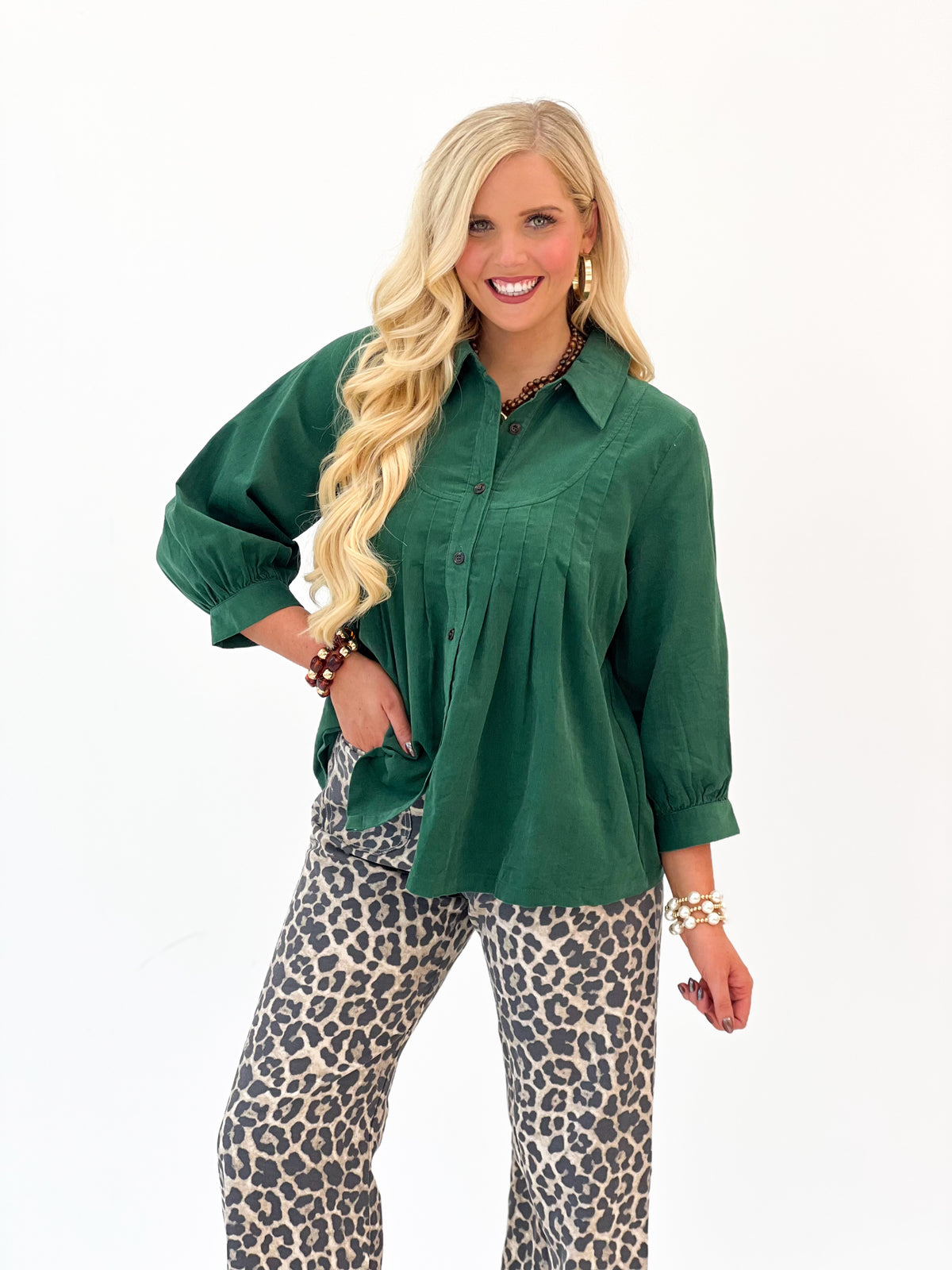 Umgee Corduroy Pleated Button Front Blouse
