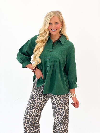 Umgee Corduroy Pleated Button Front Blouse