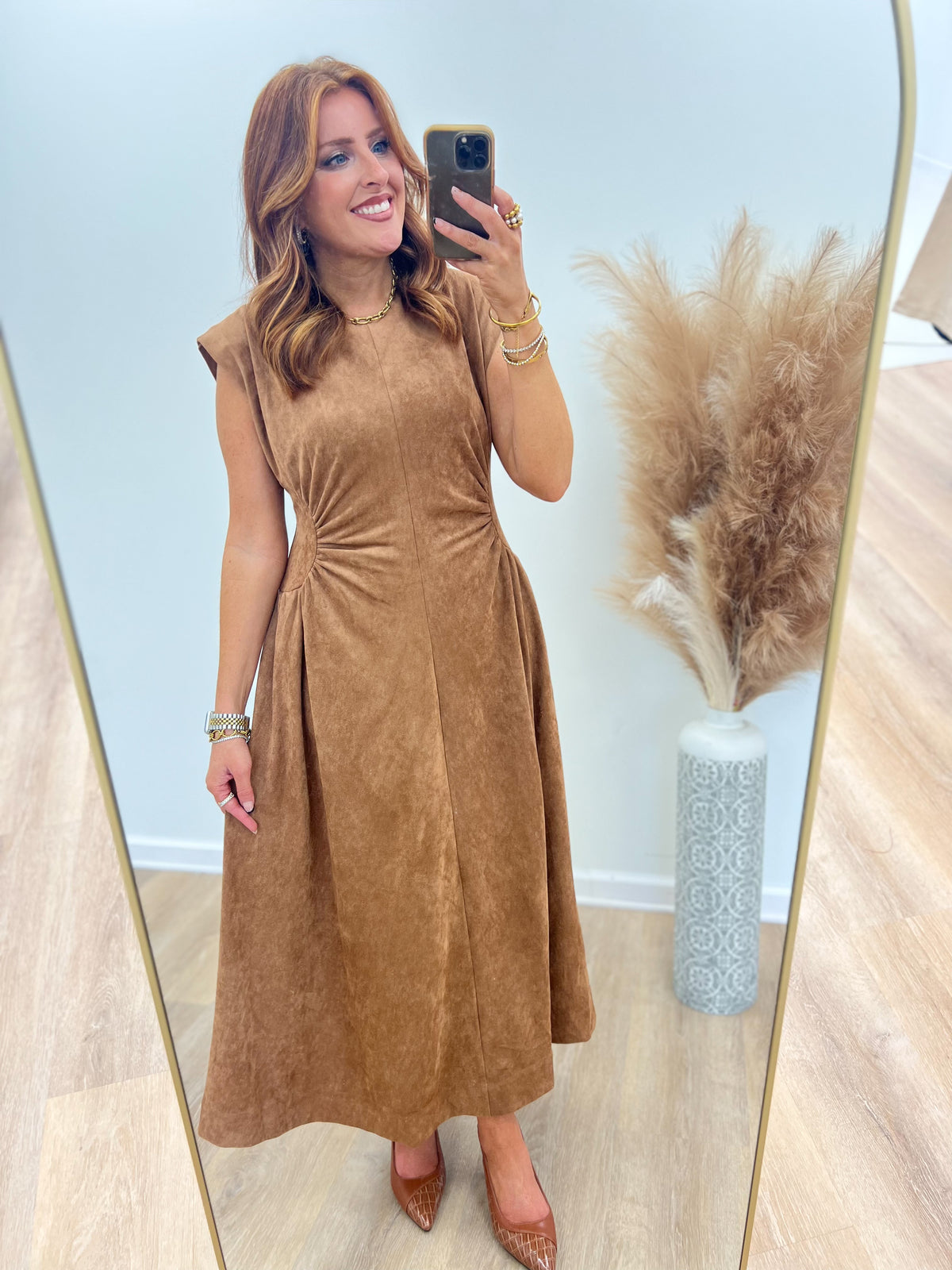 Mocha faux suede side-panel midi dress, sleeveless high-neck style