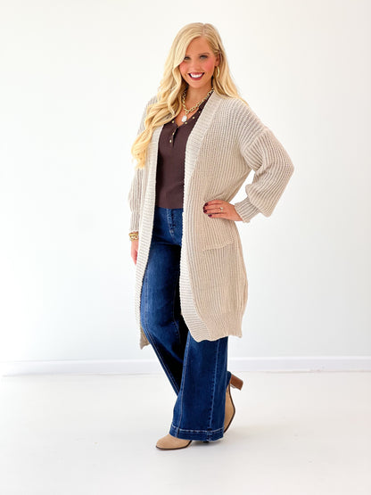 Oatmeal oversized loose-knit duster cardigan with long sleeves and open front