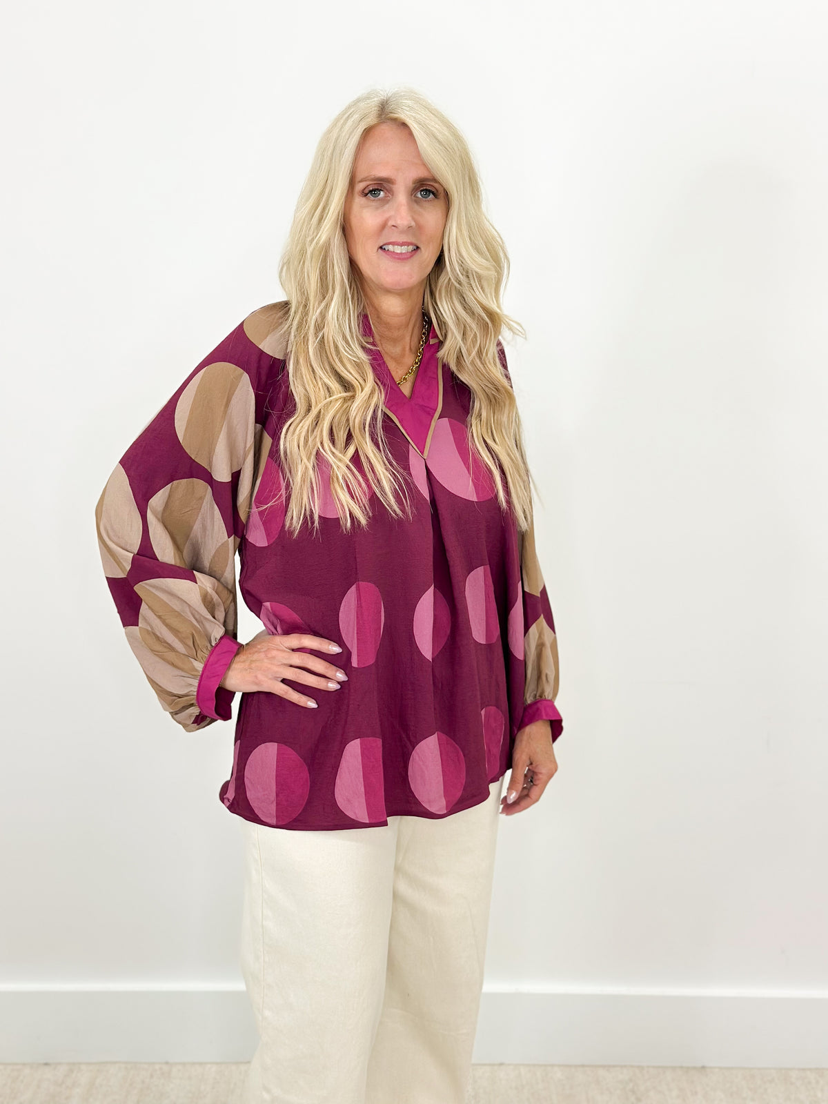 Umgee V-Neck Printed Long Sleeve Blouse