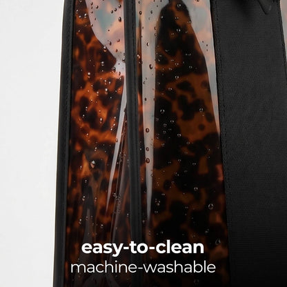 Tortoiseshell jelly tote with clear side panels and black trim, machine-washable