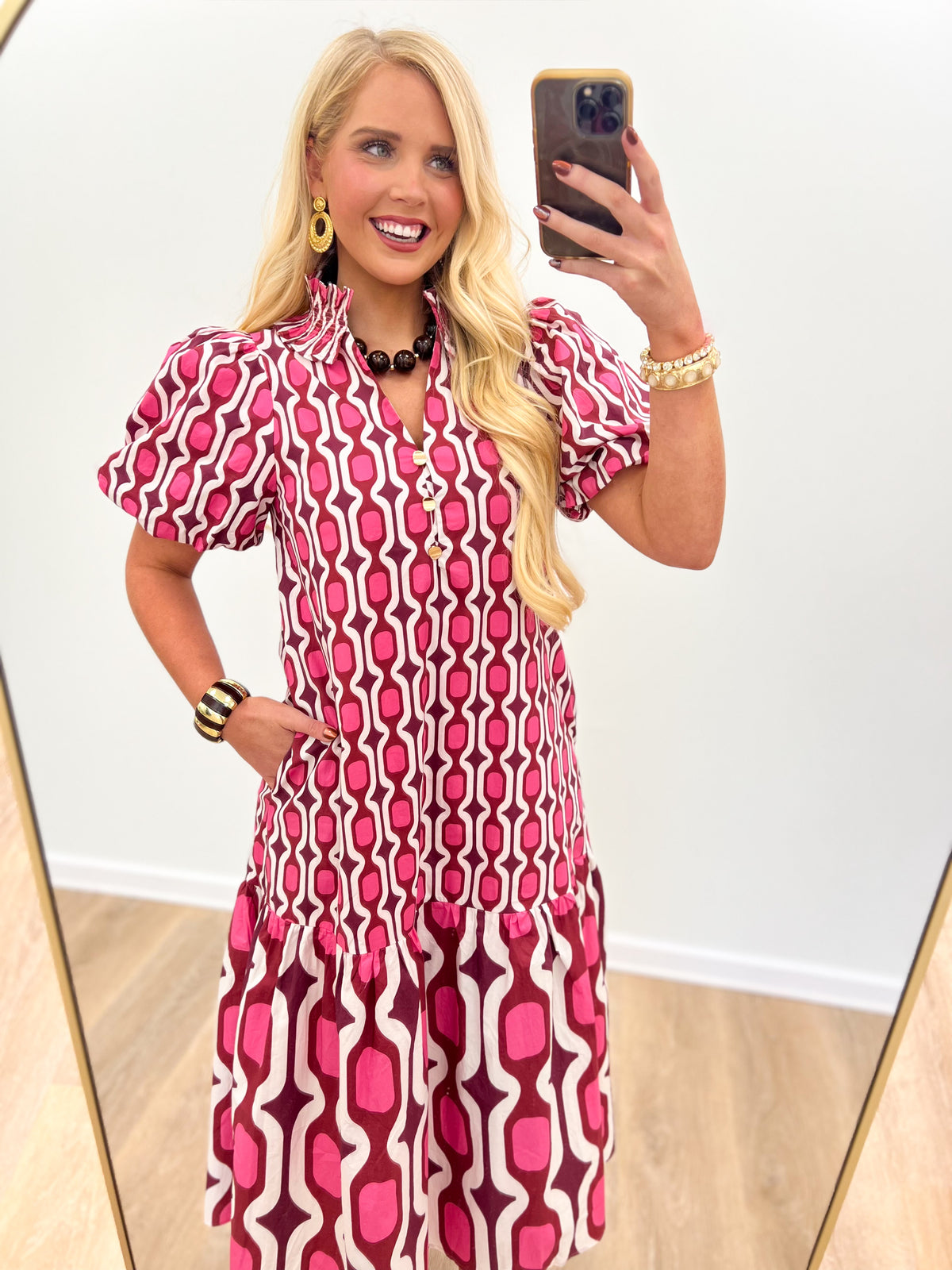 Entro Ruffle Collar Tiered Puff Sleeve Midi Dress