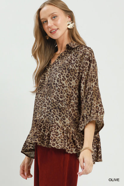 Umgee Leopard Print Peplum Button Top in Latte