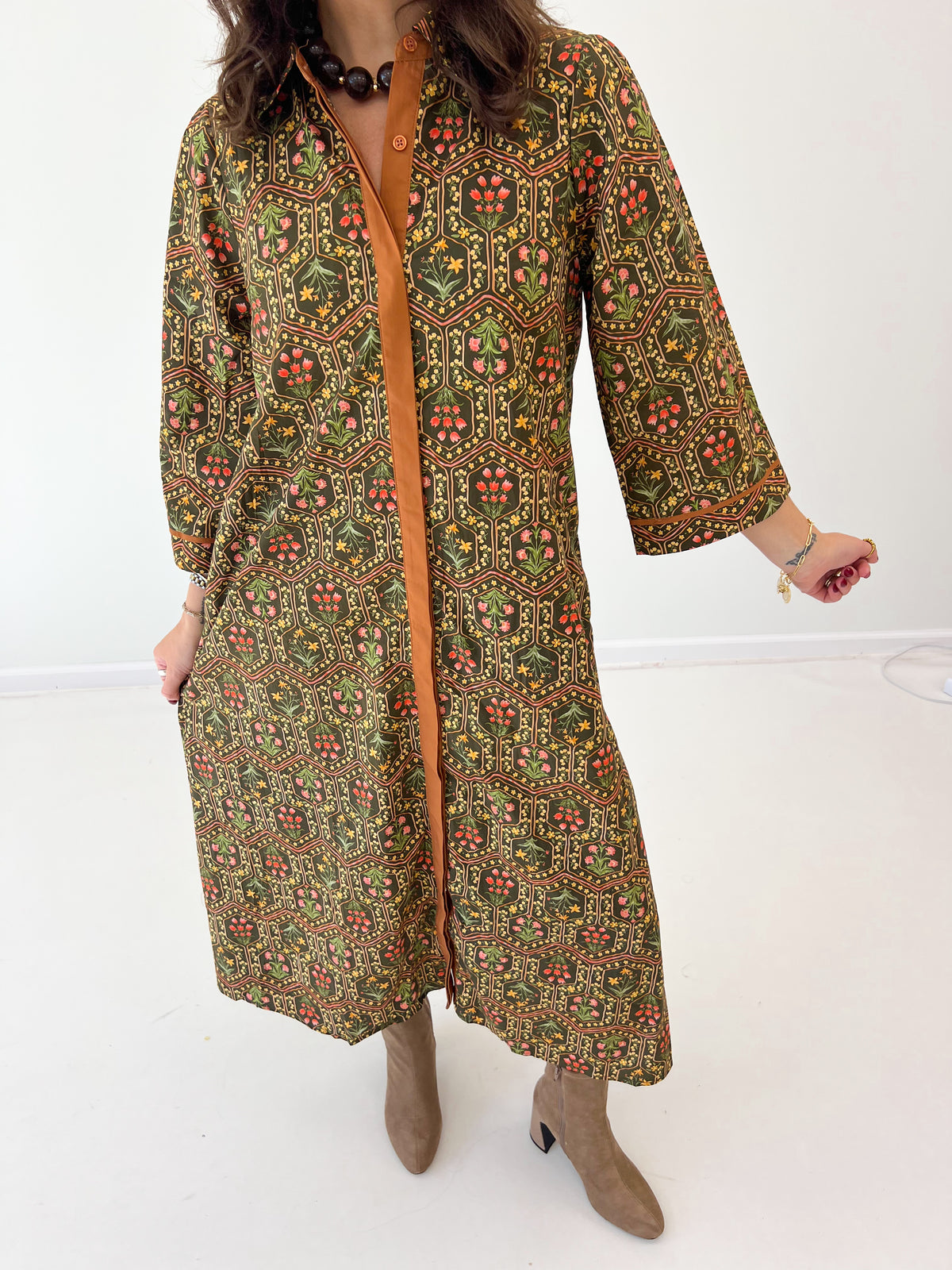 Olive floral button-down midi dress with contrast front placket and long sleeves