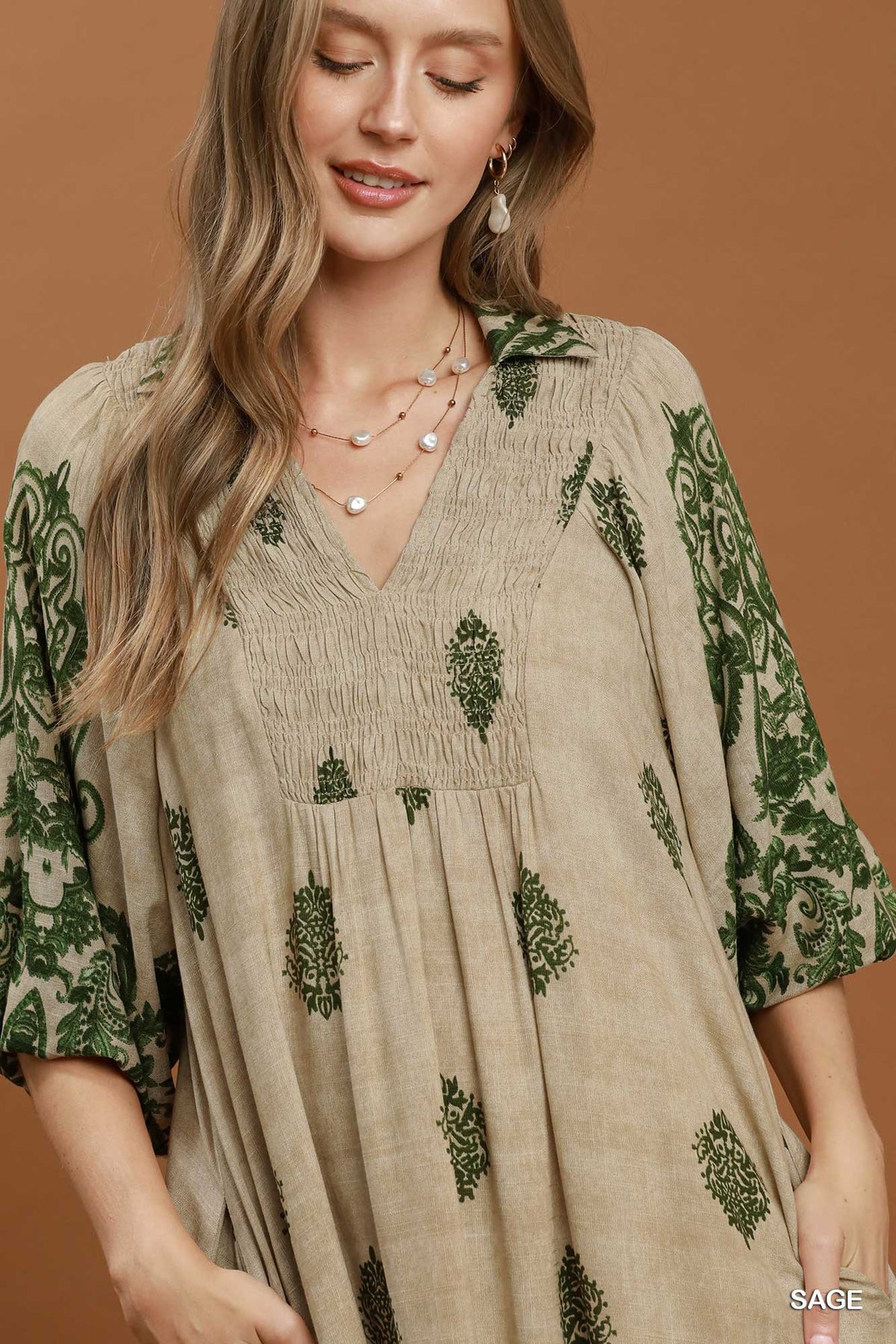 Umgee Abstract Border Print Smocked Yoke Midi Dress in Sage