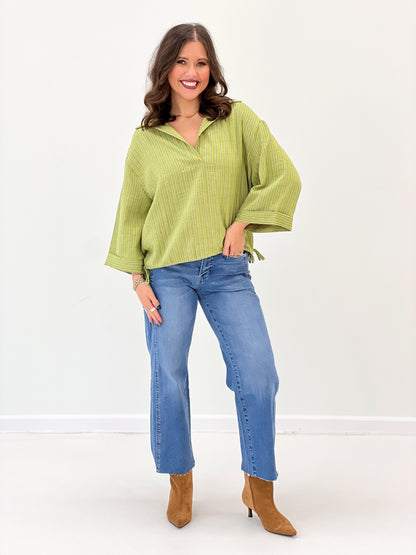 Glam Lapel Collar V-Neck Drawstring Hem Oversized Top
