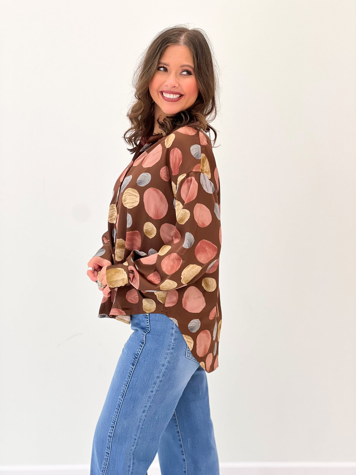 Fate Polka Dot Satin Button Down Top