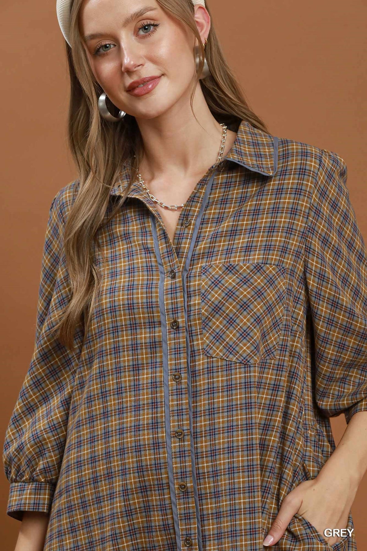 Umgee Plaid Button Down Long Sleeve Dress in Grey