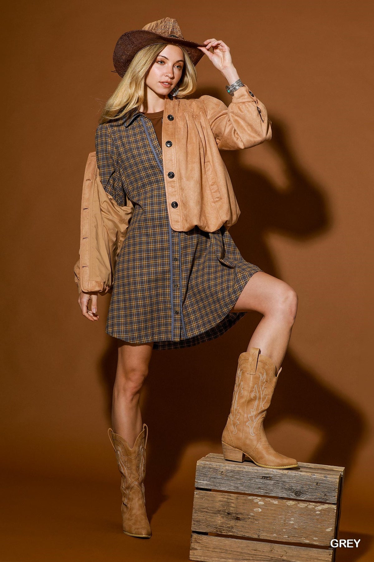 Umgee Plaid Button Down Long Sleeve Dress in Grey