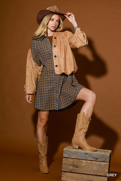 Umgee Plaid Button Down Long Sleeve Dress in Grey