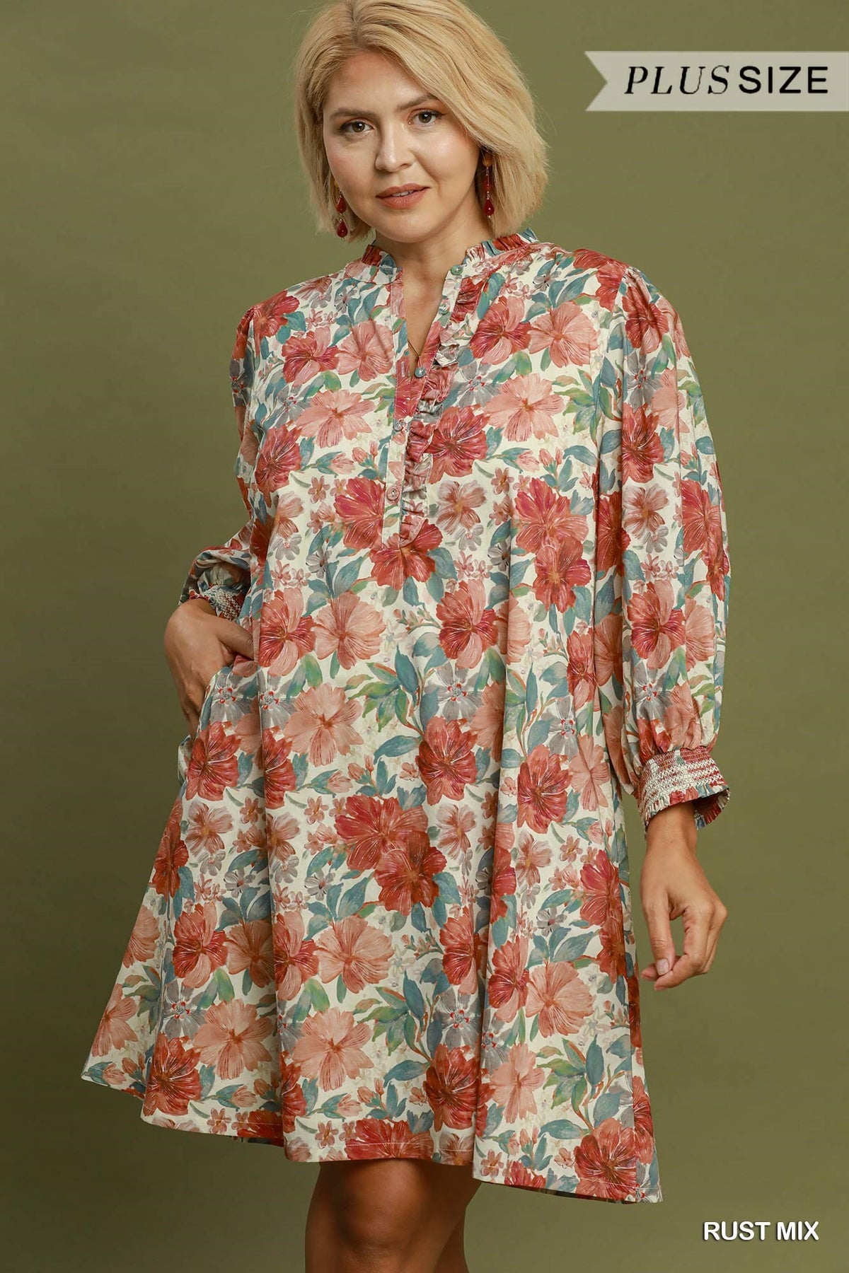 Umgee Curvy Mix Floral Smocked Cuff Mini Dress in Rust Mix