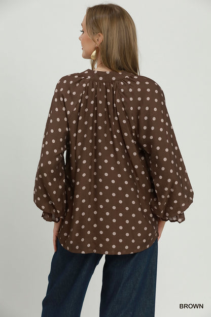 Umgee Polka Dot Long Sleeve Scarf Top in Brown
